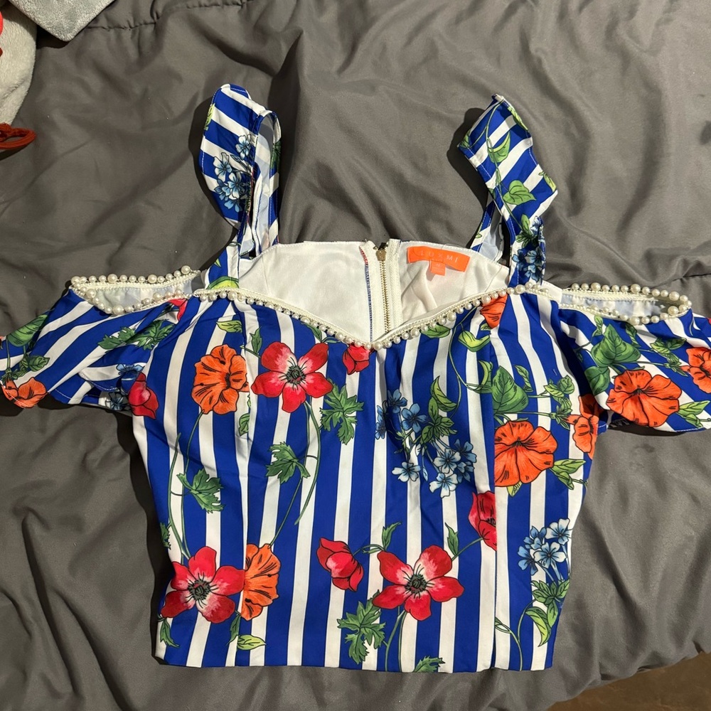 Blue/White striped off shoulder LUXMI crop top with floral details and pearls!